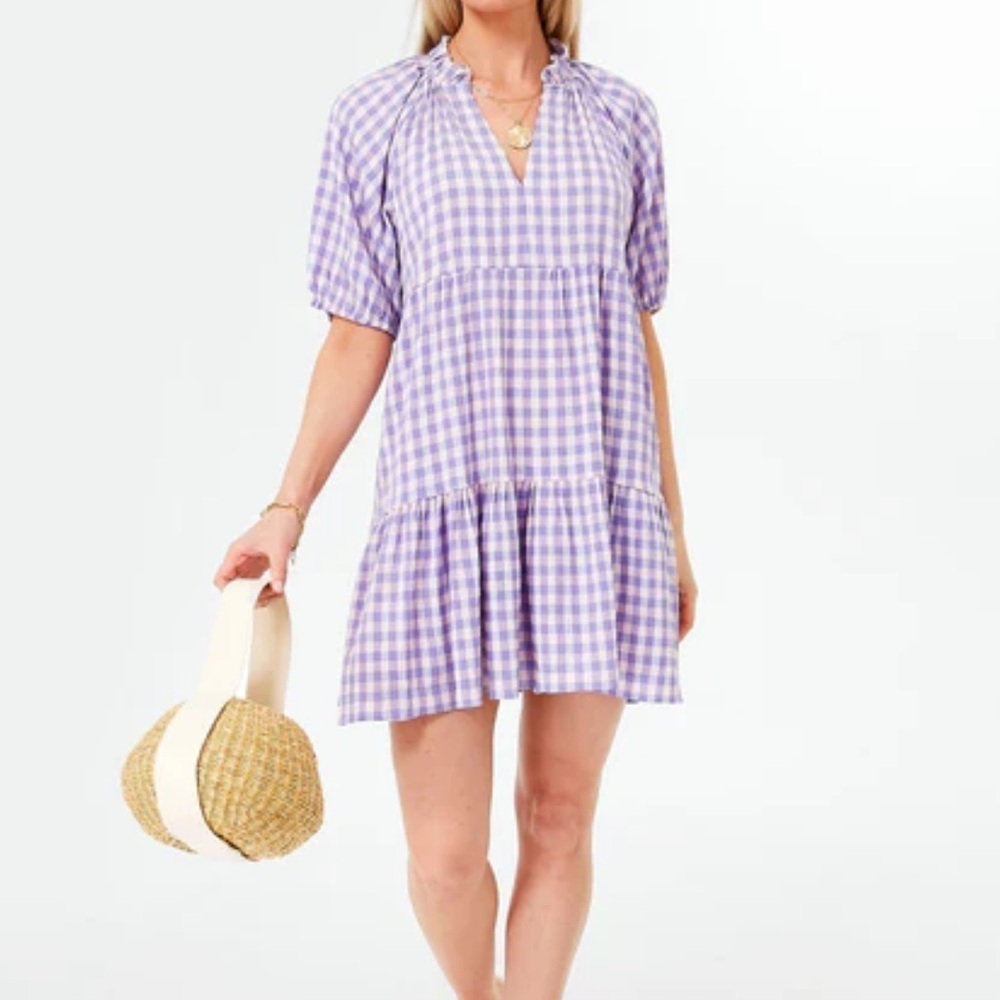 Tuckernuck Hyacinth House Purple Gingham Puff Sleeve Mini Dress SIZE XS